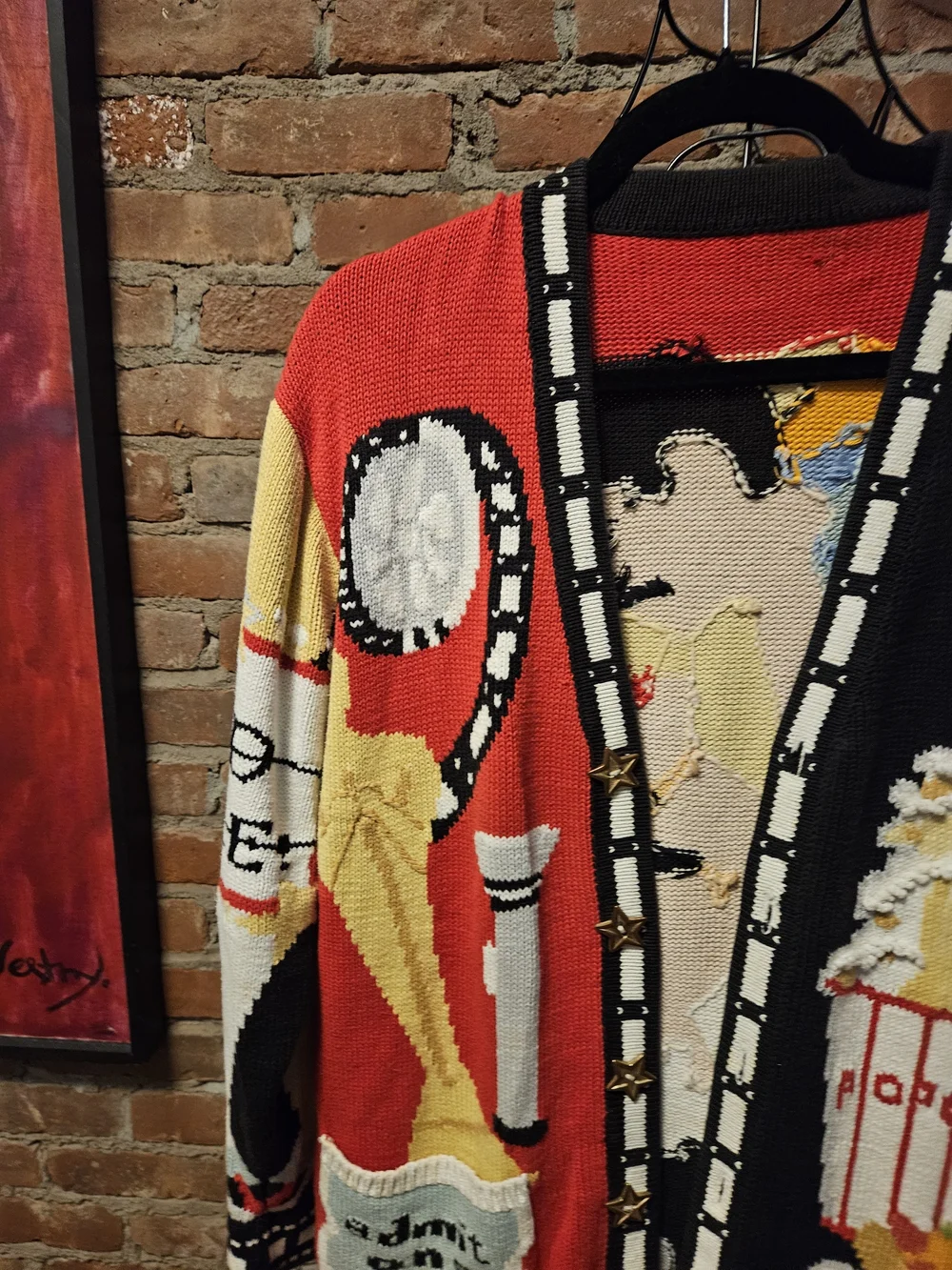Oscar Themed Red and Black Novelty Knit Sweater Cardigan